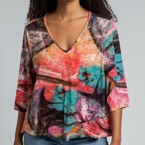 Parsley & Sage Artsy Top Womens Large Colorful Lagenlook 3/4 Sleeve Funky Tee